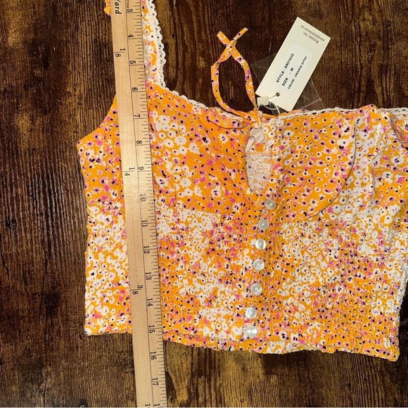 Sim & Sam Top Womens Medium Orange Ditsy Floral Smocked Ruffle Crop Y2K Boho NEW - Picture 10 of 10
